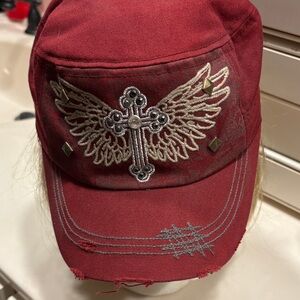 Winged Cross Embroidered Red Hat